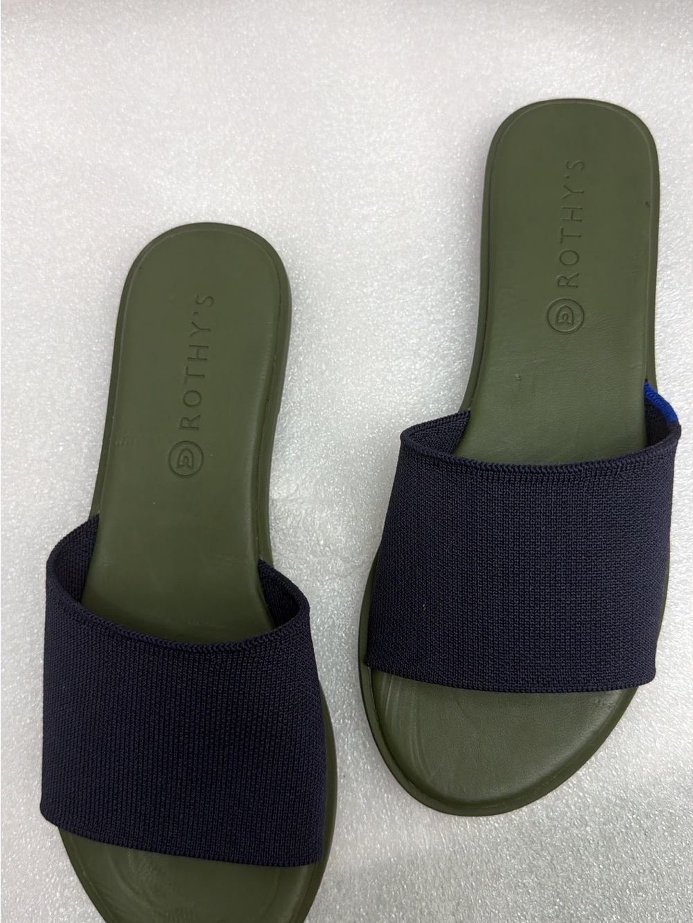 Rothy's Olive Green Footbed Slide Sandals with Navy Knit Strap new without box